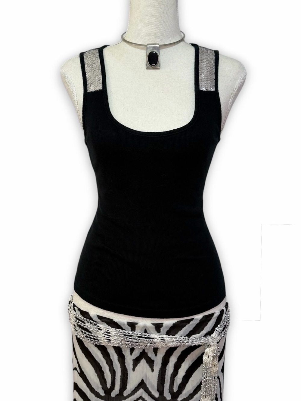 VTG Lipsy black tank top with silver sequin straps size large